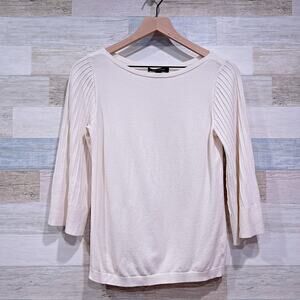 Ann Taylor 3/4 Flared Pintuck Sleeve Blouse Cream Boat Neck Stretchy Womens XS